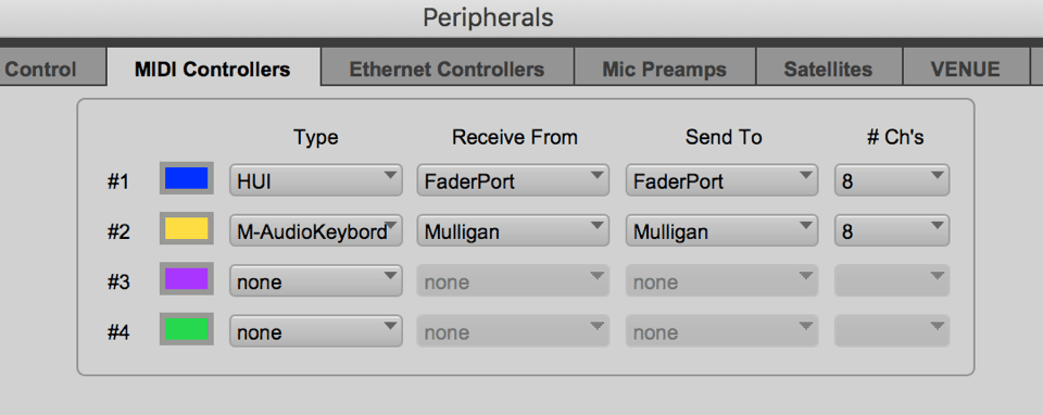 Peripherals > MIDI Controllers window in Pro Tools, showing HUI in slot 1 and Mulligan in slot 2