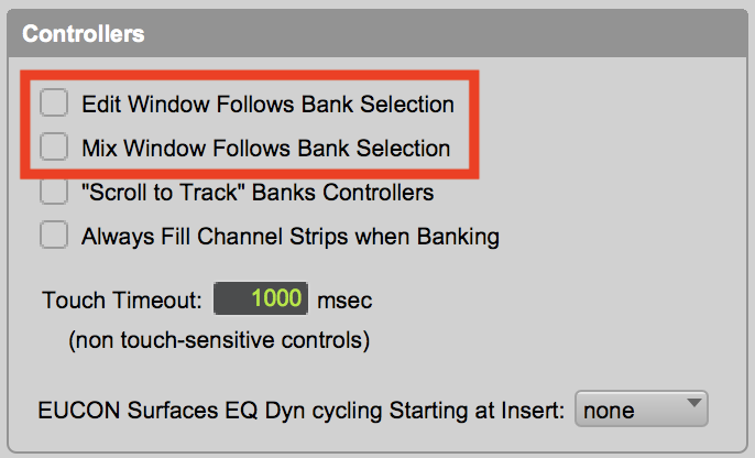 Pro Tools preference window, Mixing panel, Controllers section