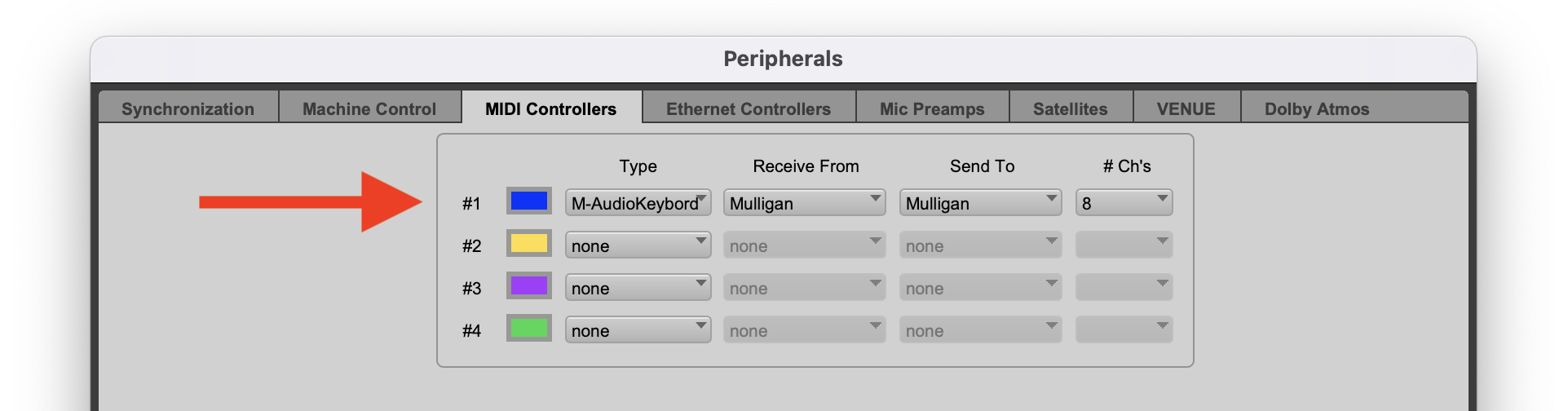 Pro Tools' MIDI Controllers setup window, showing Mulligan in the first slot