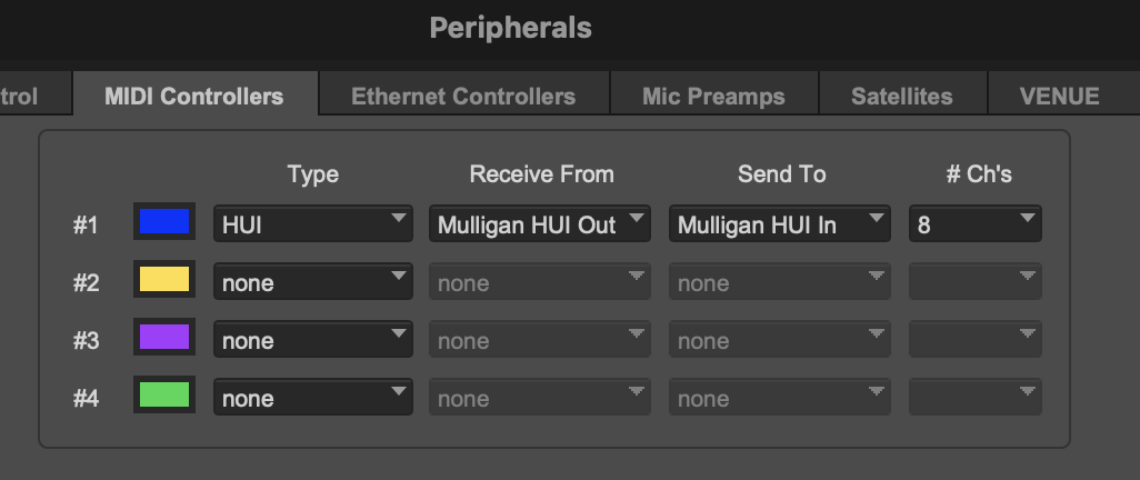Peripherals > MIDI Controllers window in Pro Tools, showing HUI in slot 1 and Mulligan in slot 2