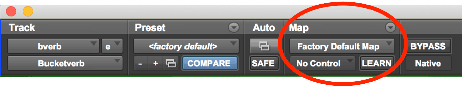 plugin window header in Pro Tools, highlighting the custom plugin mapping controls